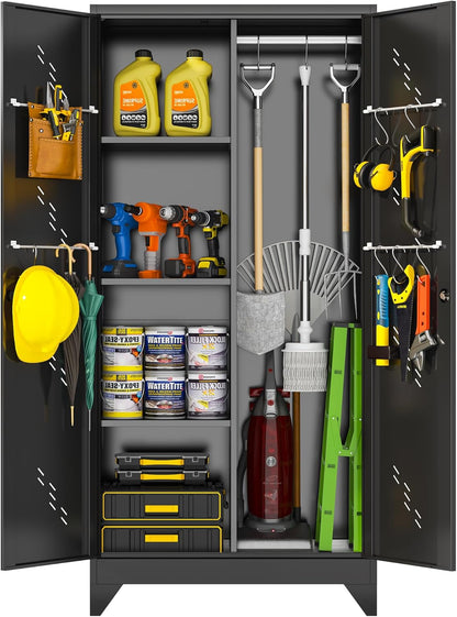 Metal Garage Storage Cabinet, Kitchen Pantry with Doors and Shelves, Broom Organizer Storage Tool Racks,Cleaning Cabinet with Stainless Steel Leak (H71* D16.53*L31.5in)