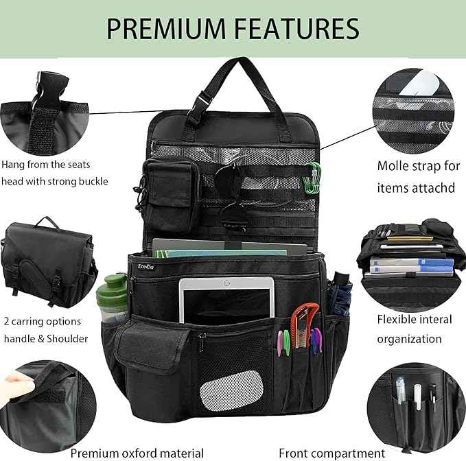 Car Front Seat Organizer for Law Enforcement – Portable Passenger Seat Storage with Laptop & Tablet Holder, Stabilizing Straps, and Car Office Organizer for Trucks, Black