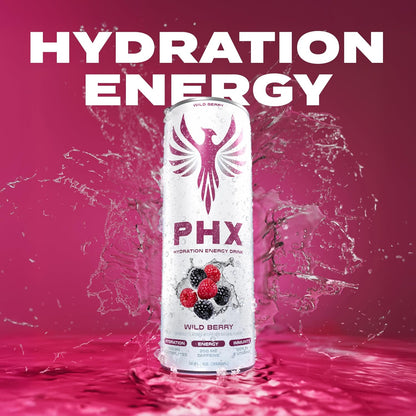 PHX Hydration Energy Drink - 700mg Electrolytes, 200mg Natural Green Tea Caffeine, 100% Daily Value 8 Essential Vitamins - 12 oz Cans (12 Pack) (12 Pack, Wild Berry)