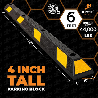 Xpose Safety 72" Heavy Duty Rubber Parking Stopper – 1 Pack Wheel Blocks for Garage, Driveway, or Ramp – Car Bumper Stop with Yellow Reflective Strips – Removable Floor Mount
