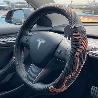PINCTROT Comfy Grip Steering Wheel Cover for Tesla Model Y/3 2016-2025 2026 Standard/Highland/Juniper, D Shaped 14 Inch Small Sized, Flat Bottom with 3D Honeycomb Anti-Slip Design (Comfy Grip Brown)