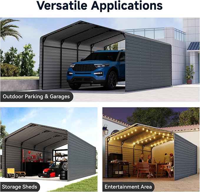 12x20FT Heavy Duty Metal Carport,Outdoor Garage with Metal Side Panels, Enclosed Car Ports with Heavy Duty Steel Frame and Galvanized Roof for Cars and Boats, Equipment Storage,Tools, Gray