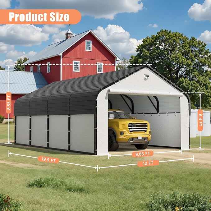 Carports 12x20 Heavy Duty Metal for Snow, Fully Enclosed Carport with Removable Sidewalls and Drive Through Doors