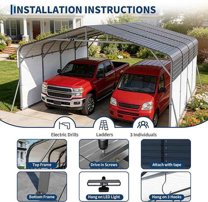 20x20FT Metal Carport w/Led Light,Outdoor Portable Car Garage,Removable PE Sidewalls,Reinforced Base & Galvanized Steel Roof, Outdoor Car Port Canopy Shelter for Boats, Full-Sized Pickup Trucks