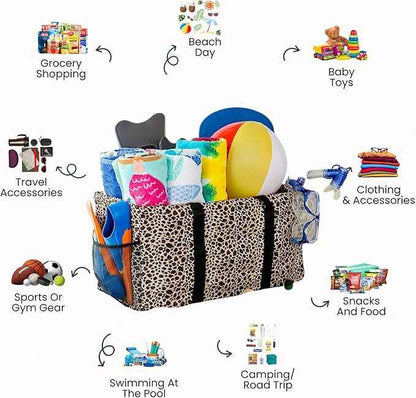 Extra Large Utility Tote Bag - Oversized Collapsible Reusable Wire Frame Rectangular Canvas Basket With Two Exterior Pockets For Beach, Pool, Laundry, Car Trunk, Storage - Leopard