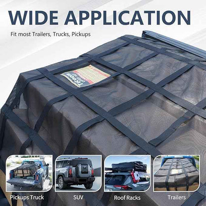 Tecoom Cargo Net with Mesh, 8.4 x 7.51ft 1,500 LBS Capacity Truck Bed Net for Trailer, Trucks, Boat, Jeep, Pickup, Heavy Duty Cargo Net with Adjustable Cam Buckles & S-Hooks & Cross Strap