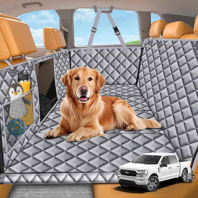 URPOWER XL Dog Backseat Extender for Full-Size Crew Cab Truck, Hard Bottom Dog Car Seat Cover for Back Seat Holds 400lbs, Waterproof Dog Hammock Pet Rear Seat Protector Travel Bed for F150 / Silverado