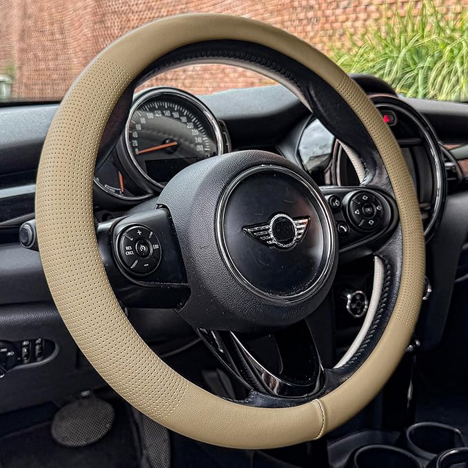 PINCTROT Nappa Leather Steering Wheel Cover, Slim Fit No Bulk Design, One Piece Leather with Breathable Perforation, Fit Like Gloves, Universal 14.5-15 Inch(Nappa Light Taupe)