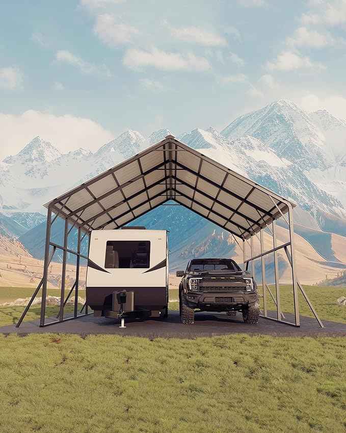 Garvee 20x20 ft Metal Carport Kit, 120° Steep-Pitch Vertical Roof for Snow Shedding, 173" High-Clearance RV & Tractor Shelter, Heavy-Duty 2 Cars Car Port with Reinforced Frame