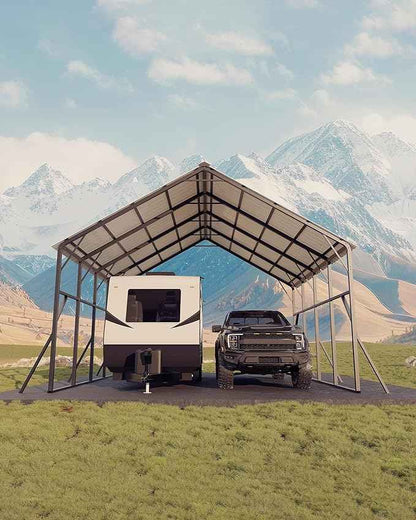 Garvee 20x20 ft Metal Carport Kit, 120° Steep-Pitch Vertical Roof for Snow Shedding, 173" High-Clearance RV & Tractor Shelter, Heavy-Duty 2 Cars Car Port with Reinforced Frame