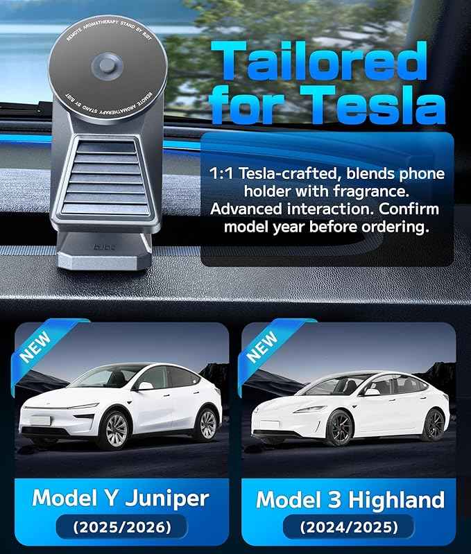 2-in-1 Magnetic Car Phone Holder & Aromatherapy Diffuser for Tesla Model Y Juniper 2025-2026 / Model 3 Highland 2024-2025 & 6-Seater YL, Screen Mount Air Freshener, Gray(Lemon x3)