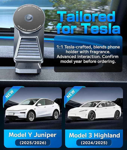 2-in-1 Magnetic Car Phone Holder & Aromatherapy Diffuser for Tesla Model Y Juniper 2025-2026 / Model 3 Highland 2024-2025 & 6-Seater YL, Screen Mount Air Freshener, Gray(Lavender x3)