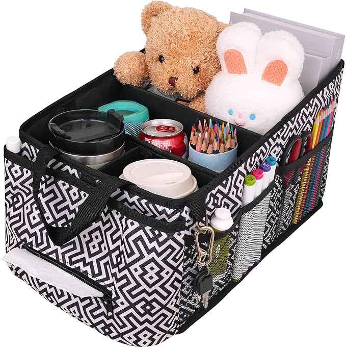 HEYSKAY Car Seat Organizer-Passenger Seat Organizer, Collapsible Small Car Seat Organizer for Console Front/Back, Car Caddy with 4pc Drink Holders Automotive Backseat Organizer for Kids