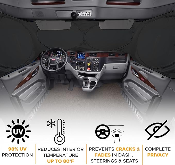 EcoNour Windshield Sun Shade for Semi Truck Windshield | Large Coverage Foldable Front Window Sunshade | Heavy Duty UV & Heat Reflective Sun Visor