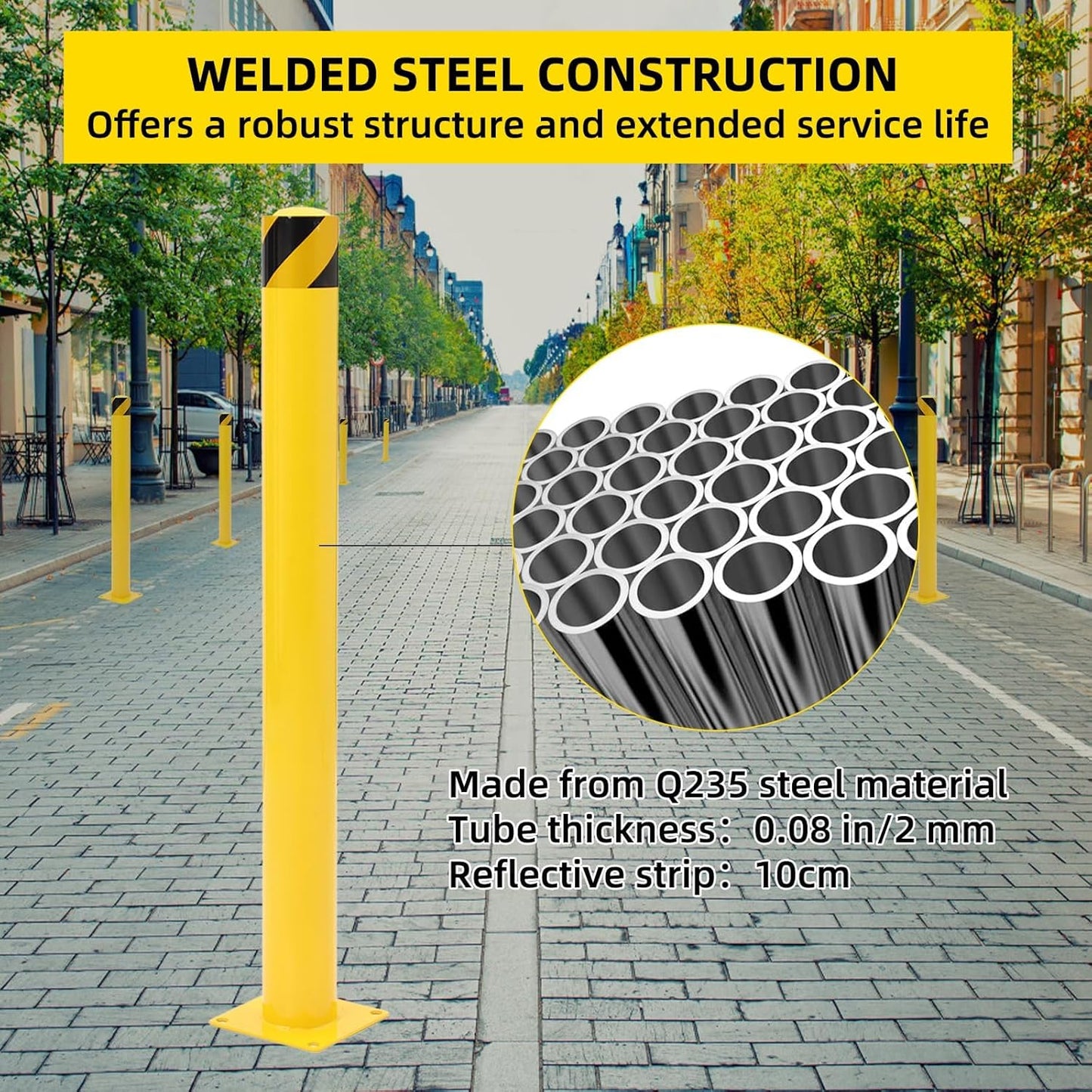 Safety Bollard 2 Packs, 42 Inch Height Steel Post, 4.5 Inch Diameter Parking Bollard, Yellow Safety Bollard Post with 8 Anchor Bolts, Ideal for Ideal for Parking Warehouse Park Traffic Area