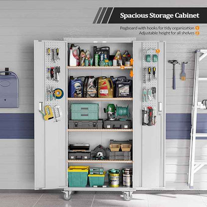 VINGLI 72'' Tall Garage Storage Cabinet, Metal Storage Cabinet with Pegboards, Wheels, Locking Doors and Adjustable Shelves (Gray, 32''W x 16''D x 72''H)
