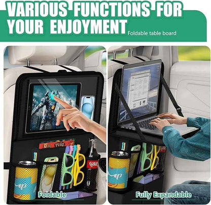 Car Backseat Organizer with Tablet Holder,11 Storage Pockets with Foldable Food Tray, Protector Kick Mats for Kids, Travel Accessories Organizer (Black, 1Pack with Food Tray)