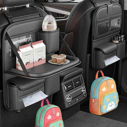 2 Pack Universal Premium Leather Foldable Car Backseat Organizer with Table Tray, Seat Back Protector with Touch Screen Pad Phone Holder, Car Storage Pockets Tissue Box with School Bags Hooks