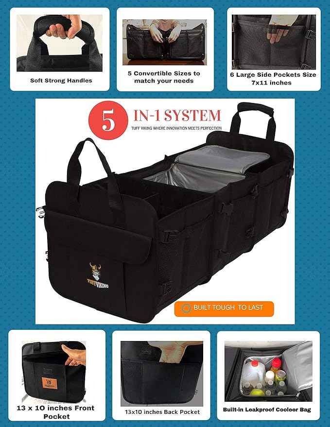 Tuff Viking Convertible Large 3 Compartment SUV Trunk Organizer with Cover | Truck Bed Organizer | for Trucks, Cars, SUVs and Groceries with Tie Down Straps. (5 in 1, Black)