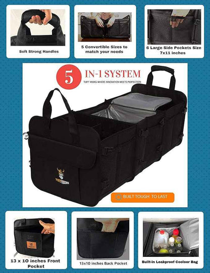 Tuff Viking Convertible Large 3 Compartment SUV Trunk Organizer with Cover | Truck Bed Organizer | for Trucks, Cars, SUVs and Groceries with Tie Down Straps. (5 in 1, Black)