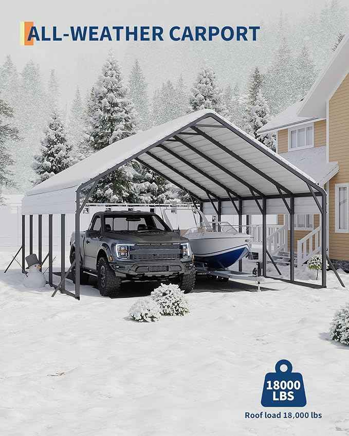 Garveelife 20'x25'x13' Metal Carport for 2 Cars, Heavy Duty Car Ports for Heavy Snow, Reinforced Frame, Tall Metal Car Ports for Bass Boats, Full-Sized Pickup Trucks, and Tractors, N.W. 980 Lbs