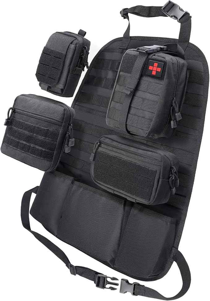 WYNEX Car Seat Back Organizer Set, Universal Vehicle Accessories Molle Panel Detachable 4 Tactical Pouches - Medical, Phone, Admin Storage Bag for Road Trips, Fits Most Cars, SUVs, Trucks