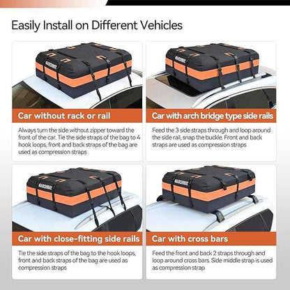 MARCHWAY Waterproof Car Roof Luggage Bag, Weatherproof Soft Shell Rooftop Cargo Carrier Bag for Vehicles with or Without Rack. 6 Door Hooks, Anti Slip Mat, Lock Included (15 Cubic Feet, Orange)