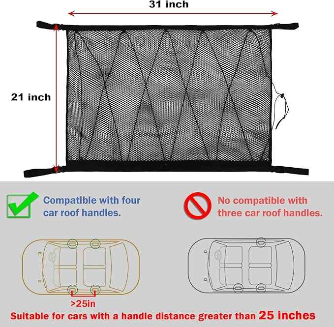 Car Ceiling Storage Net | Double Zipper, Adjustable Strap Prevent Falling, 31"x21"Double-Layer Mesh Long Road Trip Camping Van SUV Roof Cargo Pocket Organizer for Putting Quilt Toys Sundries