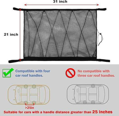 Car Ceiling Storage Net | Double Zipper, Adjustable Strap Prevent Falling, 31"x21"Double-Layer Mesh Long Road Trip Camping Van SUV Roof Cargo Pocket Organizer for Putting Quilt Toys Sundries