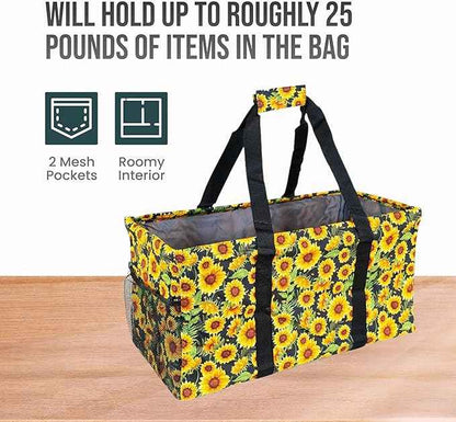 Extra Large Utility Tote Bag - Oversized Collapsible Reusable Wire Frame Rectangular Canvas Basket With Two Exterior Pockets For Beach, Pool, Laundry, Car Trunk, Storage - Sunflower