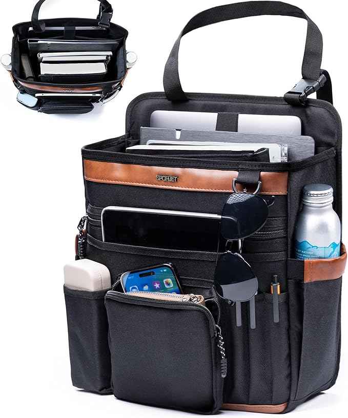 Car Seat Organizer with Laptop Compartment (Fits 15.6"), Front & Backseat Passenger Organizer with Adjustable Strap, Multiple Pockets, Portable Office Bag, Water-Resistant 1200D Polyester