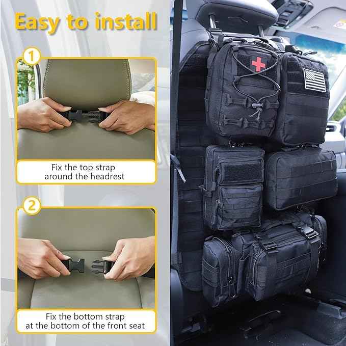 Universal Tactical Car Seat Back Organizer Bag Tactical Molle Vehicle Organizers Panel Vehicle Protector Organizers with 5 Detachable Pouches for Car (Upgraded A black)
