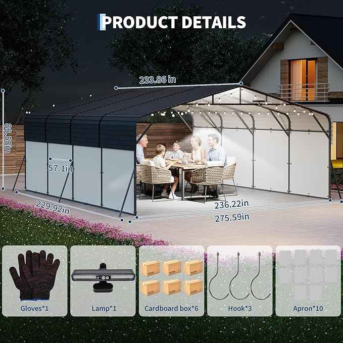 20x20FT Metal Carport w/Led Light,Outdoor Portable Car Garage,Removable PE Sidewalls,Reinforced Base & Galvanized Steel Roof, Outdoor Car Port Canopy Shelter for Boats, Full-Sized Pickup Trucks