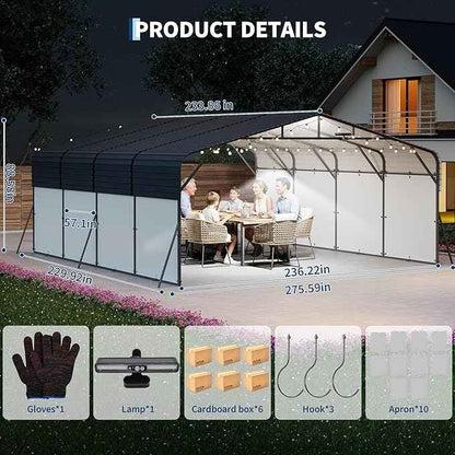 20x20FT Metal Carport w/Led Light,Outdoor Portable Car Garage,Removable PE Sidewalls,Reinforced Base & Galvanized Steel Roof, Outdoor Car Port Canopy Shelter for Boats, Full-Sized Pickup Trucks