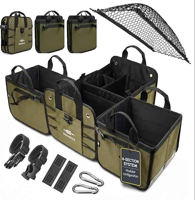 4-Section Extra Large Trunk Organizer – Heavy Duty 1680D, Collapsible & Foldable Cargo Organizer, Modular Multi-Shape Storage System for SUVs, Trucks, Vans – Green