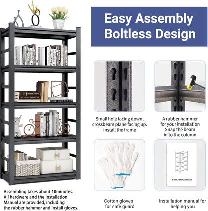 TOPKEY Metal Storage Shelf Garage Storage Shelves, Heavy Duty 5-Tier Utility Shelves for Garage, Kitchen, Warehouse, Adjustable Basement Storage Rack, Load 2500LBS, 72" H x 35.4" W x 15.8" D