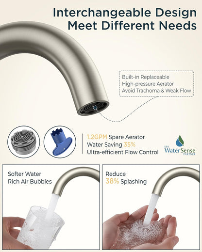 FORIOUS Brushed Nickel Bathroom Faucet 2 Hole, 4 Inch Centerset Bathroom Sink Faucet Brushed Nickel with Metal Dain, 24" CUPC Hoses, 360° Swivel Gooseneck for RV Basin
