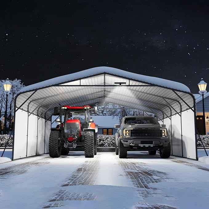 20x20FT Metal Carport w/Led Light,Outdoor Portable Car Garage,Removable PE Sidewalls,Reinforced Base & Galvanized Steel Roof, Outdoor Car Port Canopy Shelter for Boats, Full-Sized Pickup Trucks