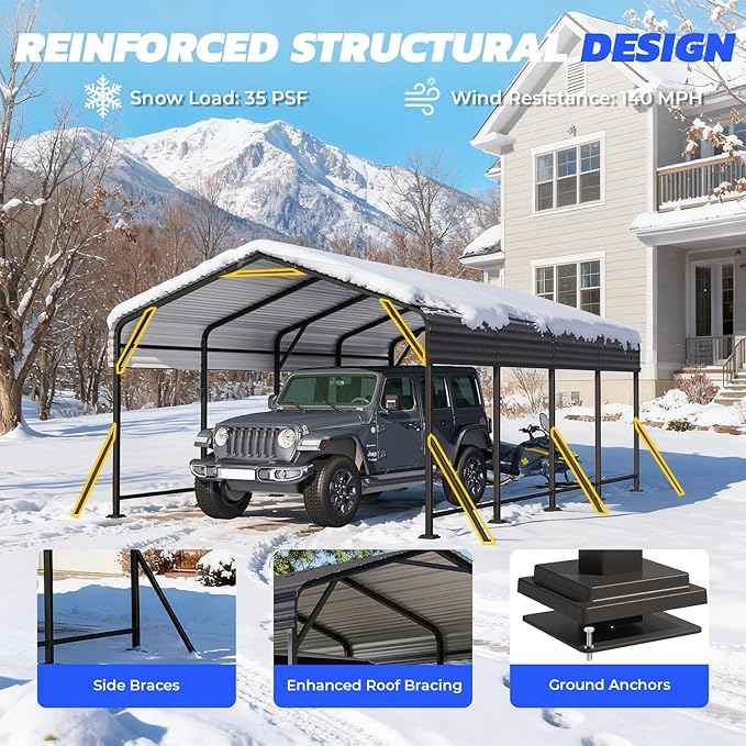 EROMMY 12' x 20' Heavy Duty Metal Carport with Galvanized Steel Roof & Base for All-Weather Protection, Outdoor Carport Garage, Versatile for Car, Boat, Tractor, and Party Use, Dark Gray