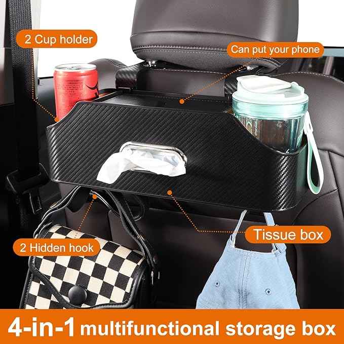 Car Rear Backseat Extra Multifunctional Drink Cup Holder Organizers with Tissue Storage Box Organizer & Hooks for Car Seat Back. imitation carbon fiber texture