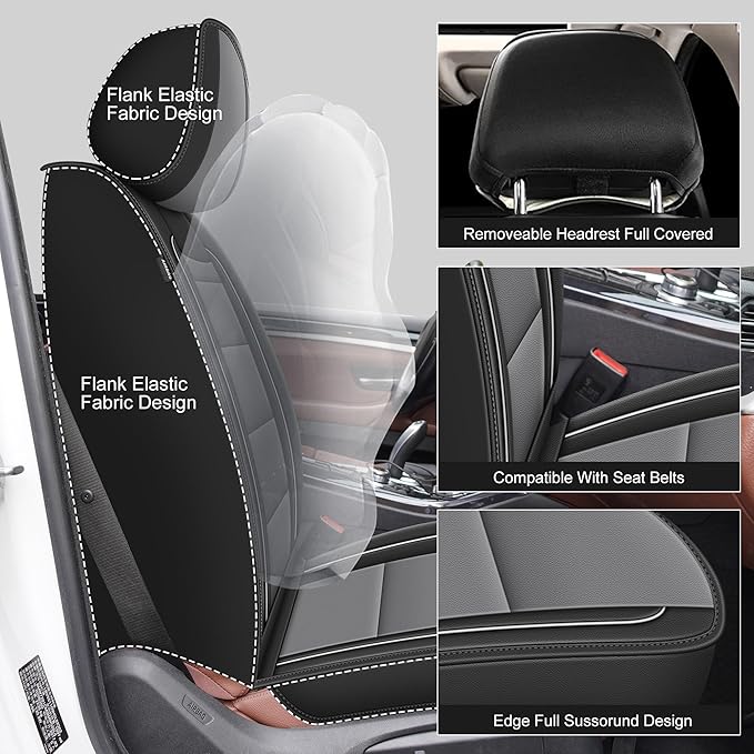 YORKNEIC Seat Covers Fit for GMC Acadia 2017-2025 2026: 2 Front Leather Car Seat Covers - Waterproof Car Seat Protector Compatible Airbag (2 Front Set, Black & Grey)