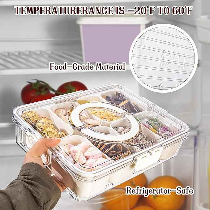 Amzcku Divided Serving Tray with Lid and Handle - Snackle Box Charcuterie Container (Pack of 2)