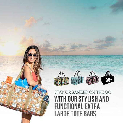 Extra Large Utility Tote Bag - Oversized Collapsible Reusable Wire Frame Rectangular Canvas Basket With Two Exterior Pockets For Beach, Pool, Laundry, Car Trunk, Storage - Sunflower