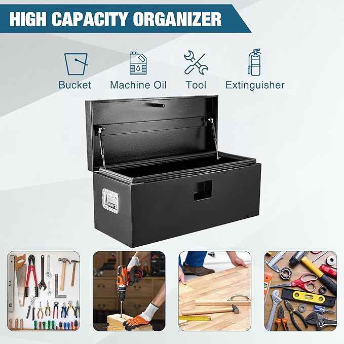 PeakPursuit Heavy Duty Black Steel Truck Bed Tool Box – 24x15x15 in Lockable Weatherproof Storage Chest, Gas-Shock Lid, Secure Organizer for Pickup, RV, Trailer