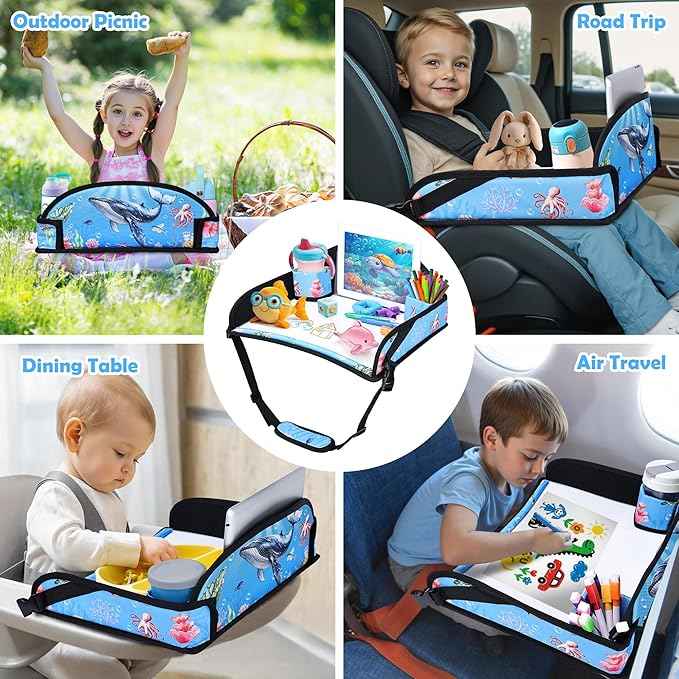 Kids Travel Tray for Toddler Carseat, Road Trip Activities Essentials for Toddler, Kids Lap Desk Tray with Tablet Holder Stand ＆ Dry Erase Board (Whale)