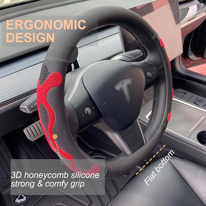 PINCTROT Comfy Grip Steering Wheel Cover for Tesla Model Y/3 2016-2025 2026 Standard/Highland/Juniper, D Shaped 14 Inch Small Sized, Flat Bottom with 3D Honeycomb Anti-Slip Design (Comfy Grip Red)
