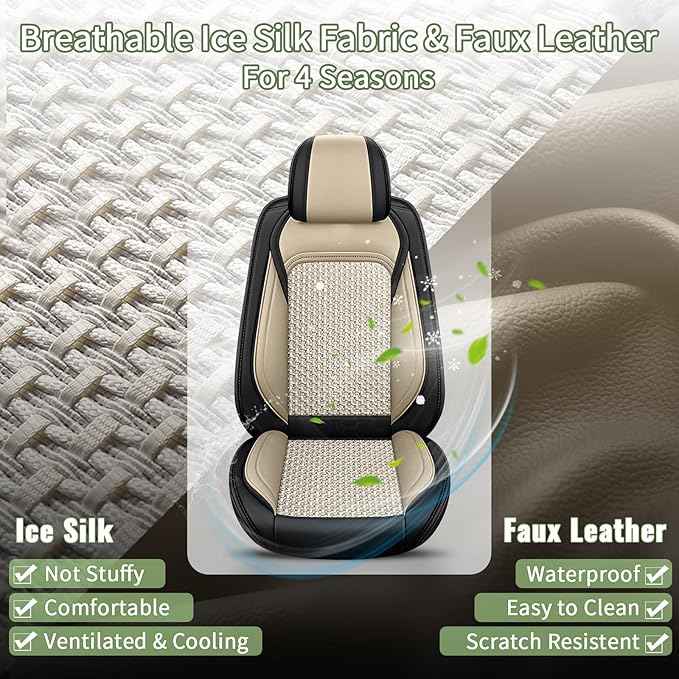Car Seat Covers Front Seats for Chevy Colorado 2015-2023 2024 2025 2026 - Breathable Cooling Ice Silk Leather Seat Cover - 2 Seats for Chevrolet Colorado Accessories (Black&Beige)