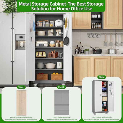 Aobabo Upgraded Garage Storage Cabinets with Wheels,Metal Storage Cabinets with 5 Adjustable Shelves for Garage Home Office Storage, Grey&White,71''H*32''W*16''D,Assembly Required