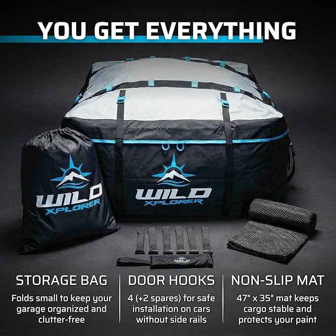 Rooftop Cargo Carrier - 19 Cubic Feet (XL), Waterproof Soft Shell Car Roof Cargo Carrier, Heavy Duty Car Top Luggage Cargo Bag with Patented Door Hooks and Non-Slip Mat