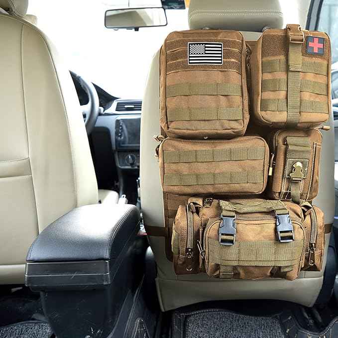 Universal Tactical Car Seat Back Organizer Bag Tactical Molle Vehicle Organizers Panel Vehicle Protector Organizers with 5 Detachable Pouches for Car Truck Ford Jeep (Khaki)